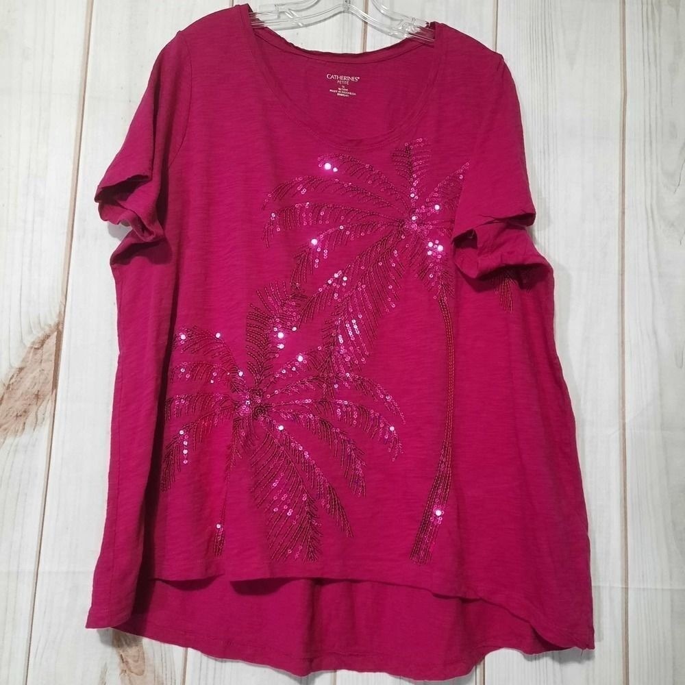 Catherines Petite Pink Sequin Palm Tree T-Shirt 1XWP 18/20WP Cotton High Low Hem